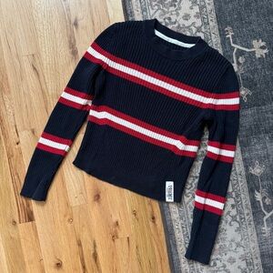Tommy Jeans Preppy Cropped Blue White Red Striped Ribbed Sweater Small
